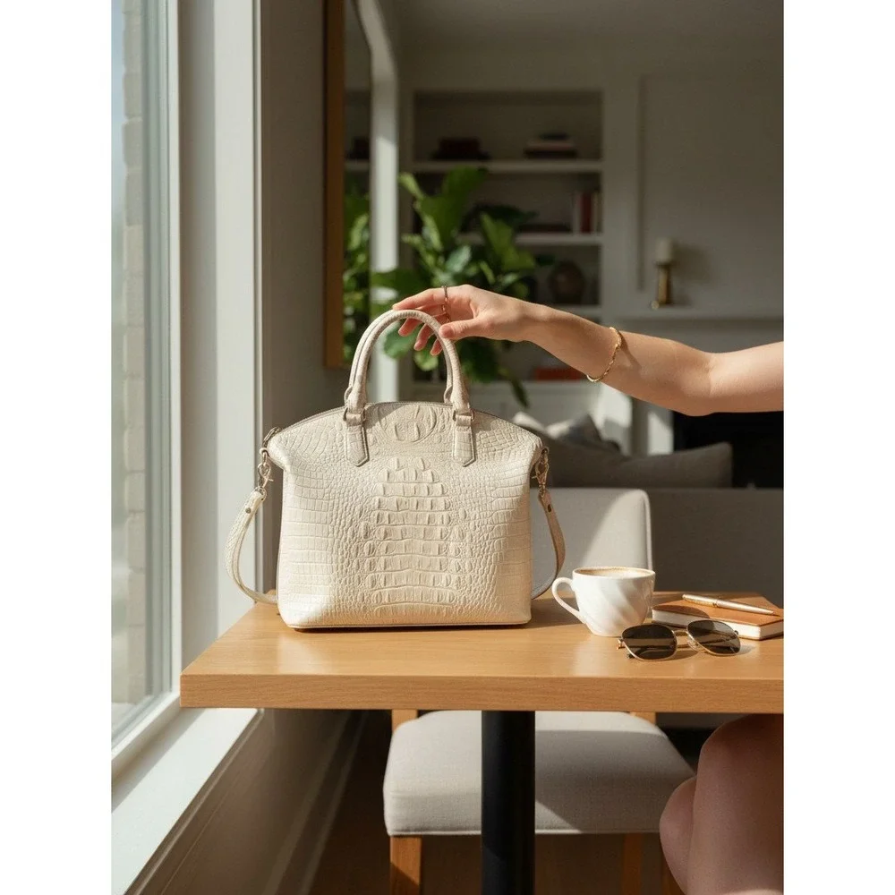Brahmin Duxbury Satchel Iridescent Cream Croc Embossed Leather Handbag